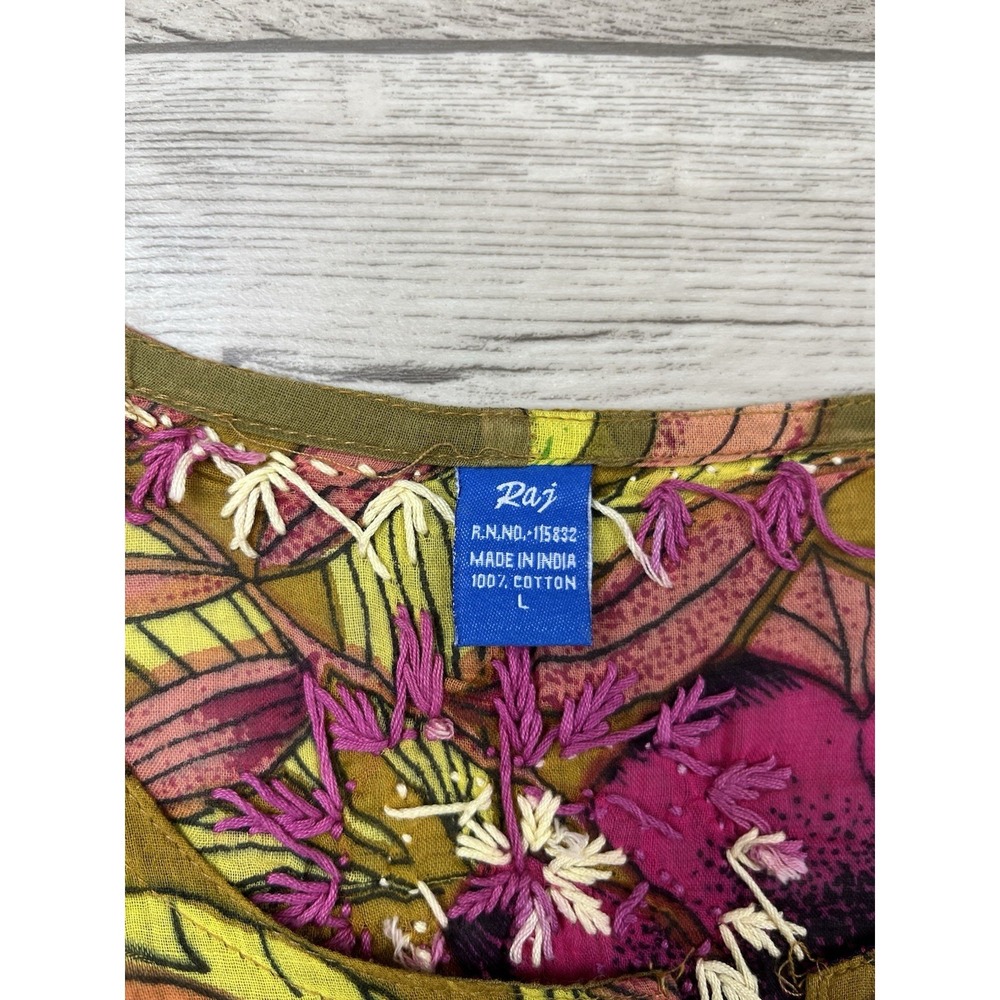 Raj Tunic Dress Women's Size Large Multi Color Floral Cotton Embroidered Kaftan - Picture 2 of 13